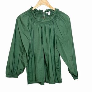 J Crew Ruffled Puff Sleeve Blouse Top Green Womens Size L Preppy Cottage Peasant